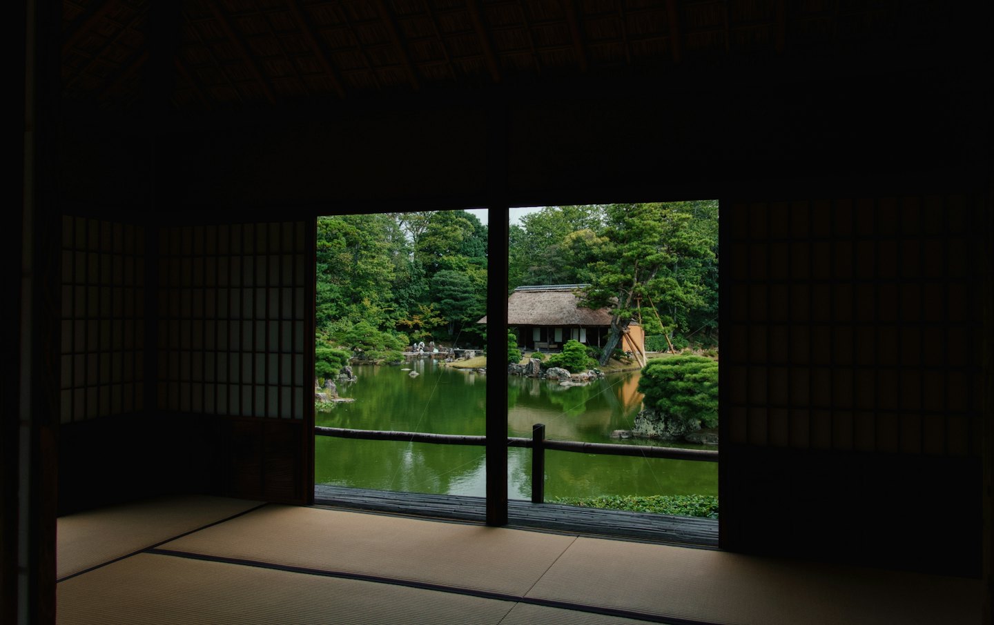 Stanza tatami con vista su un rigoglioso giardino verde.